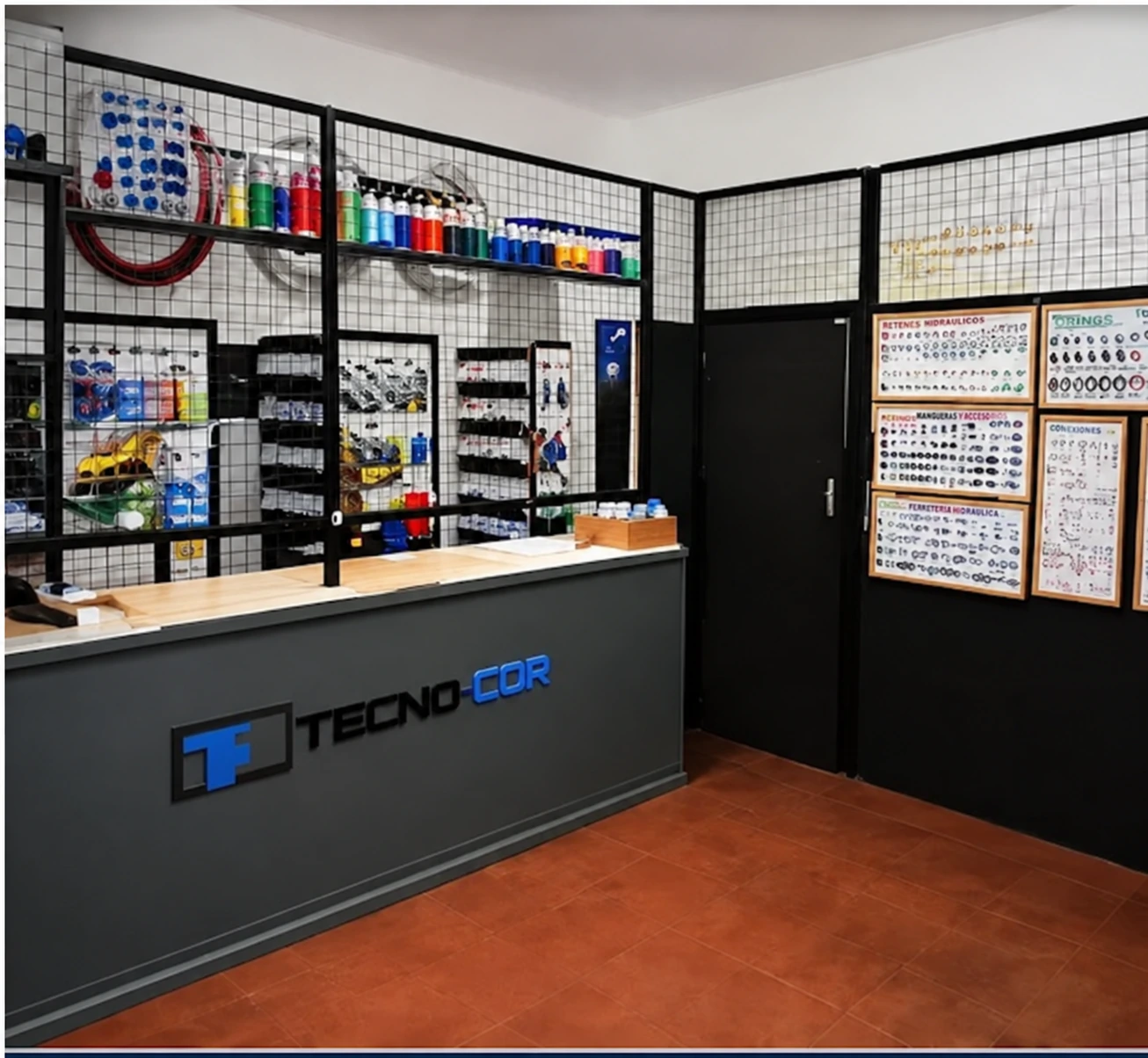 Interior de Tecno Cor con mostrador y exhibición de sellos hidráulicos